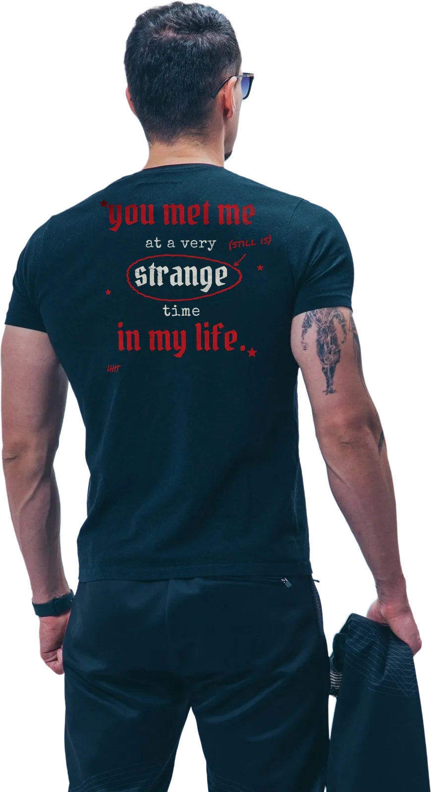 Model wearing the black Strange Time print, seen from behind